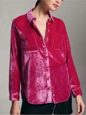 Pilcro Anthropologie The Hadley Velvet Relaxed Button Down Shirt Hot Pink Size 6